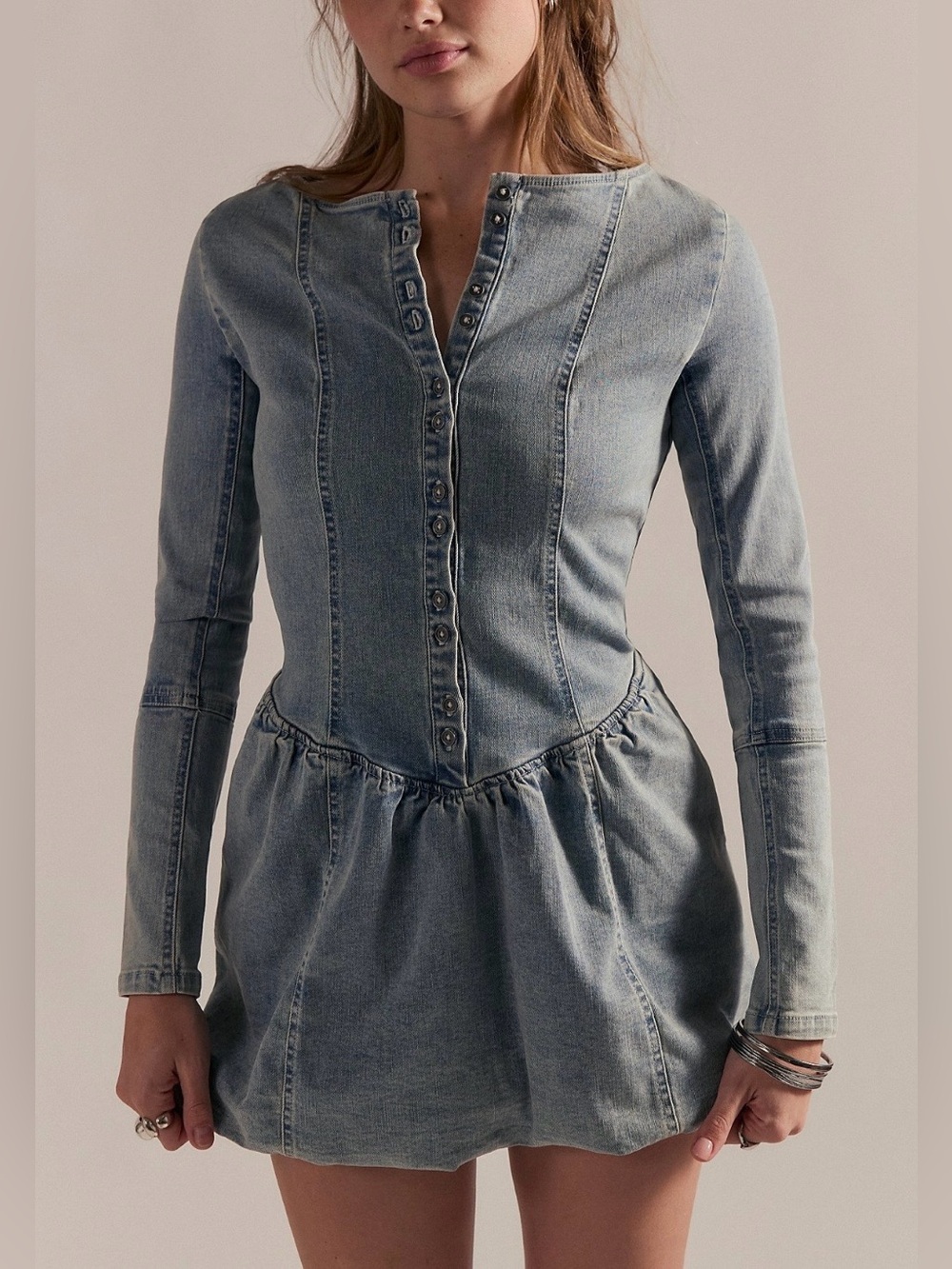 NEW Free People Women’s Kent Denim Bubble Skirt Mini Dress Size S